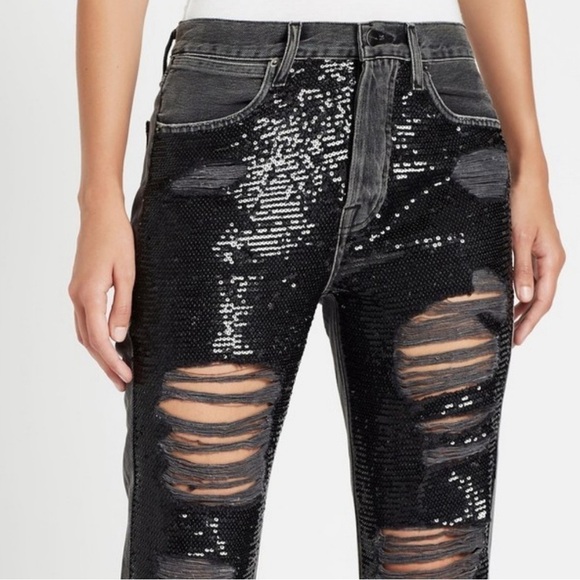 FRAME Gray Denim Sequin Basque Rip Distressed High Rise Button Fly Crop Jeans 27 - Picture 3 of 16